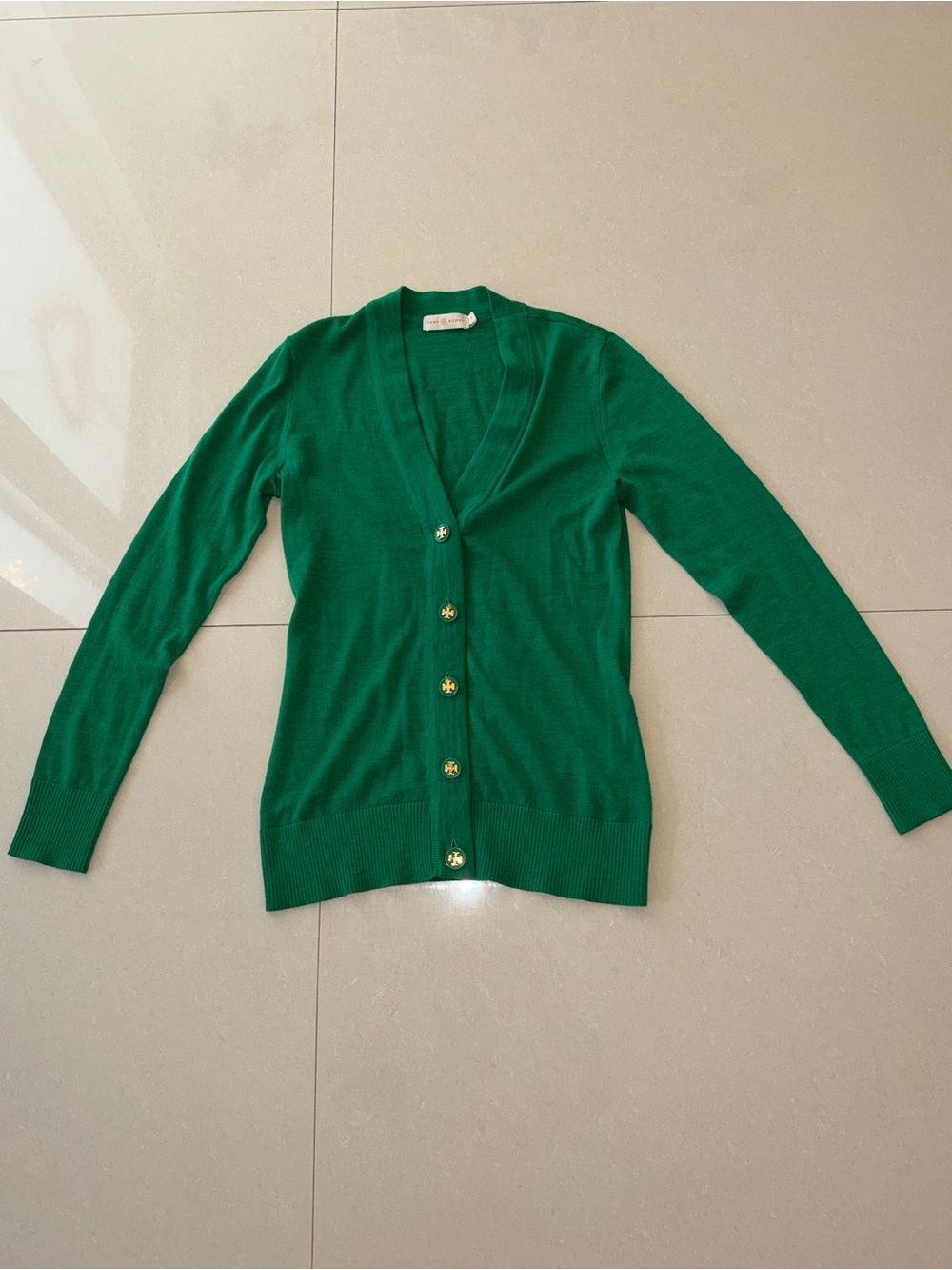 Tory Burch Emerald Green V-Neck Button Cardigan
